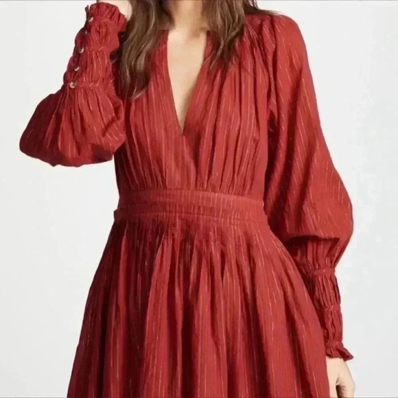 NWOT ULLA JOHNSON Metallic Cotton Long Sleeve Red Ruby Rory Dress Pockets Size 6 - Picture 6 of 14